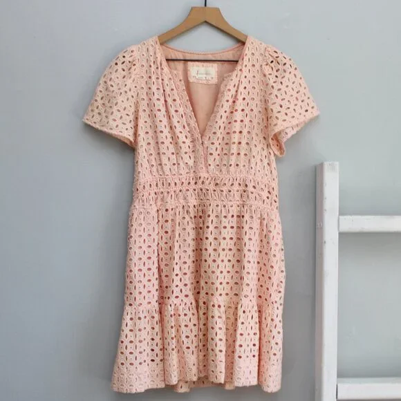 Anthropologie Pink The Somerset Eyelet Edition Tiered Mini Dress Size Medium - Picture 3 of 9